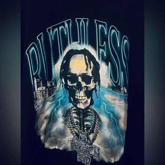 boohooMan x LilTjay 'Trench kid' Men's 'Ruthless' skull black shirt NWT Size L - Picture 3 of 10